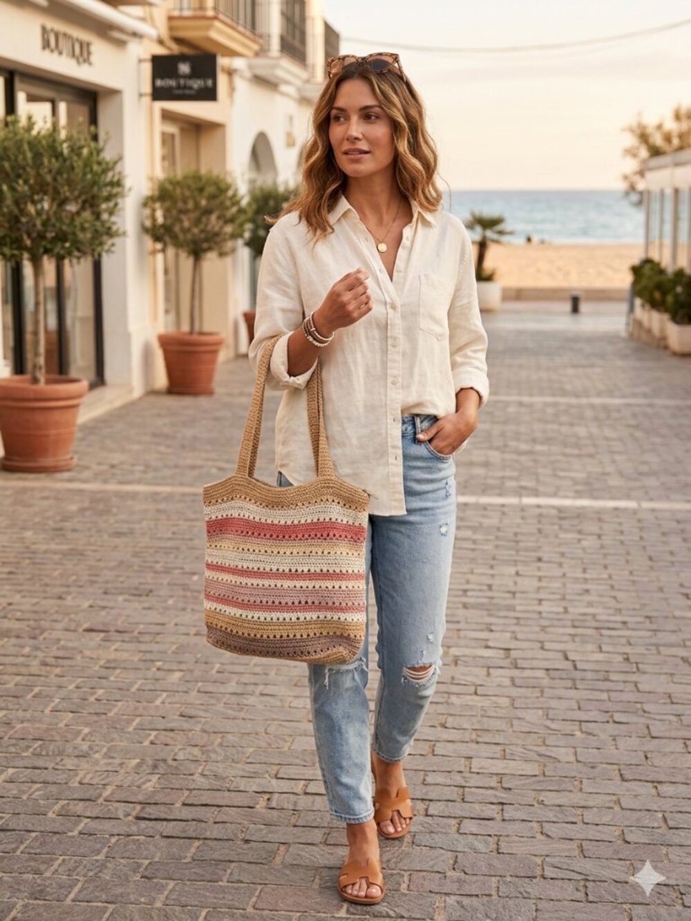 The Sak Riviera Crochet Striped Tote - Beige Coral Pink Cream Brown